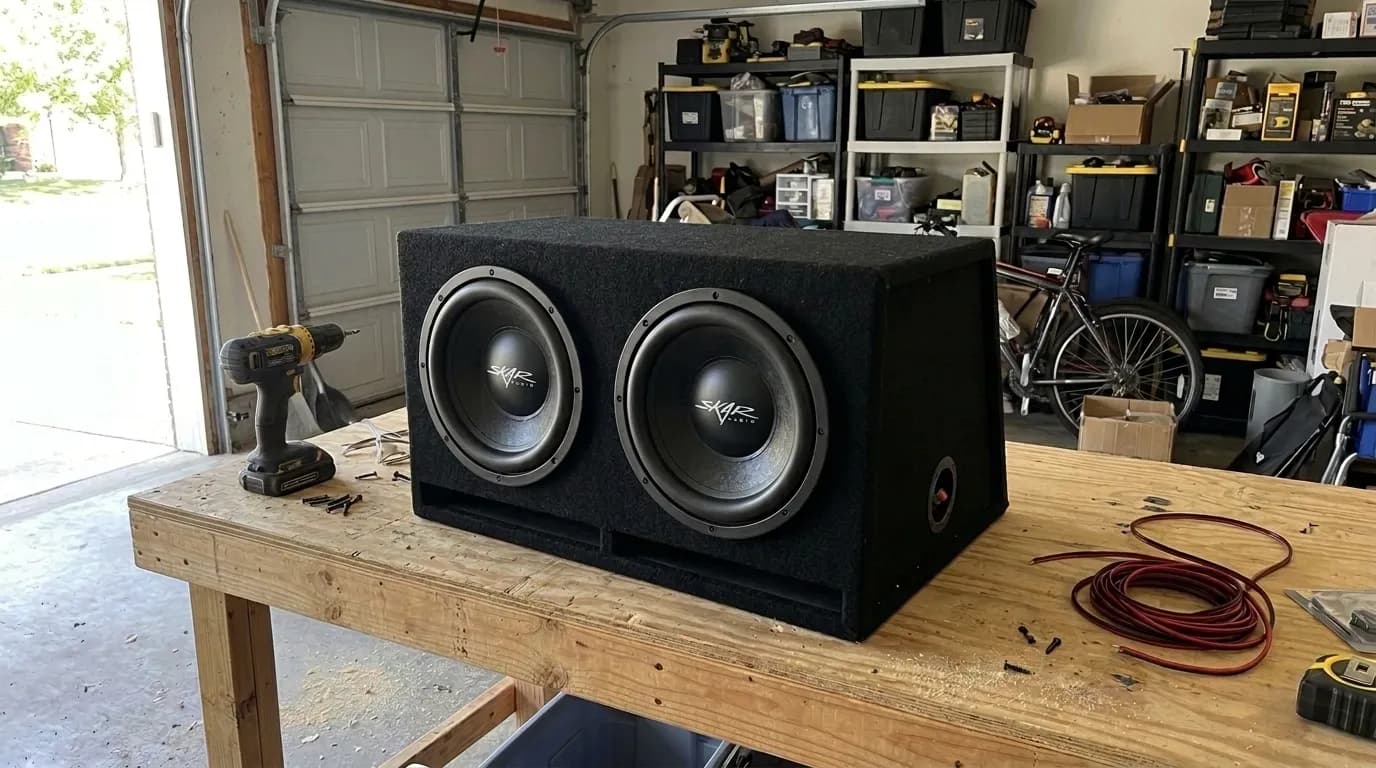Carpeted dual subwoofer ported box built for a Honda Accord