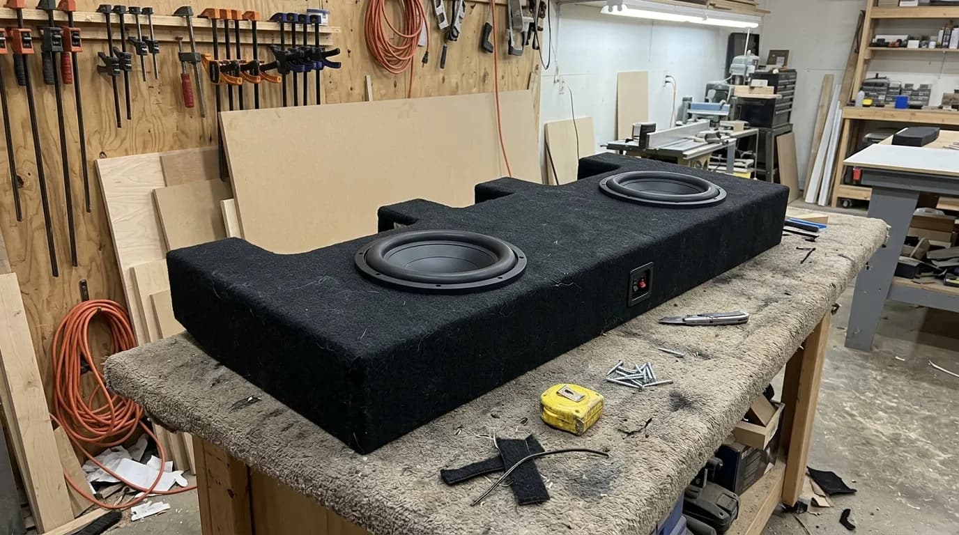 Sealed under-seat subwoofer box with up-firing subs and seat mount cutouts