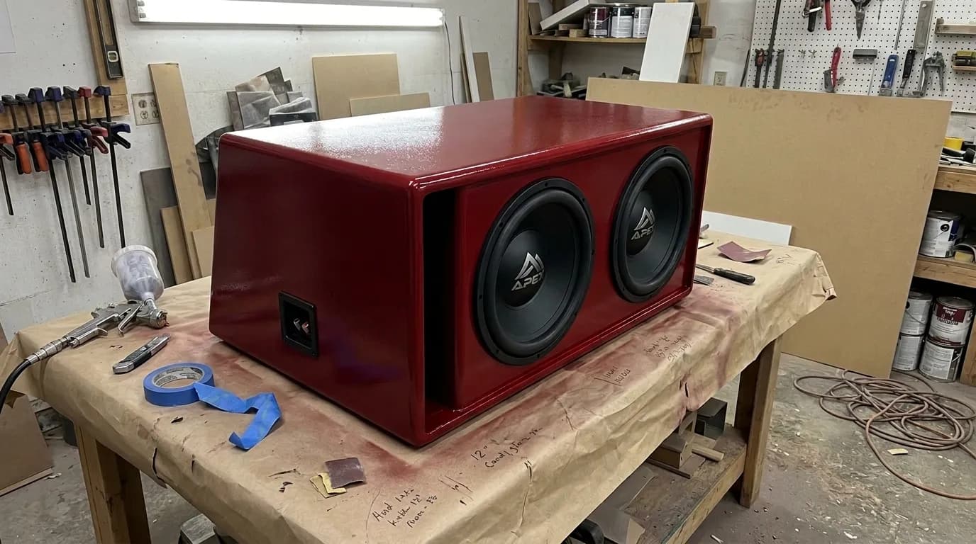 Ported dual subwoofer box finished in cherry red paint with clear coat