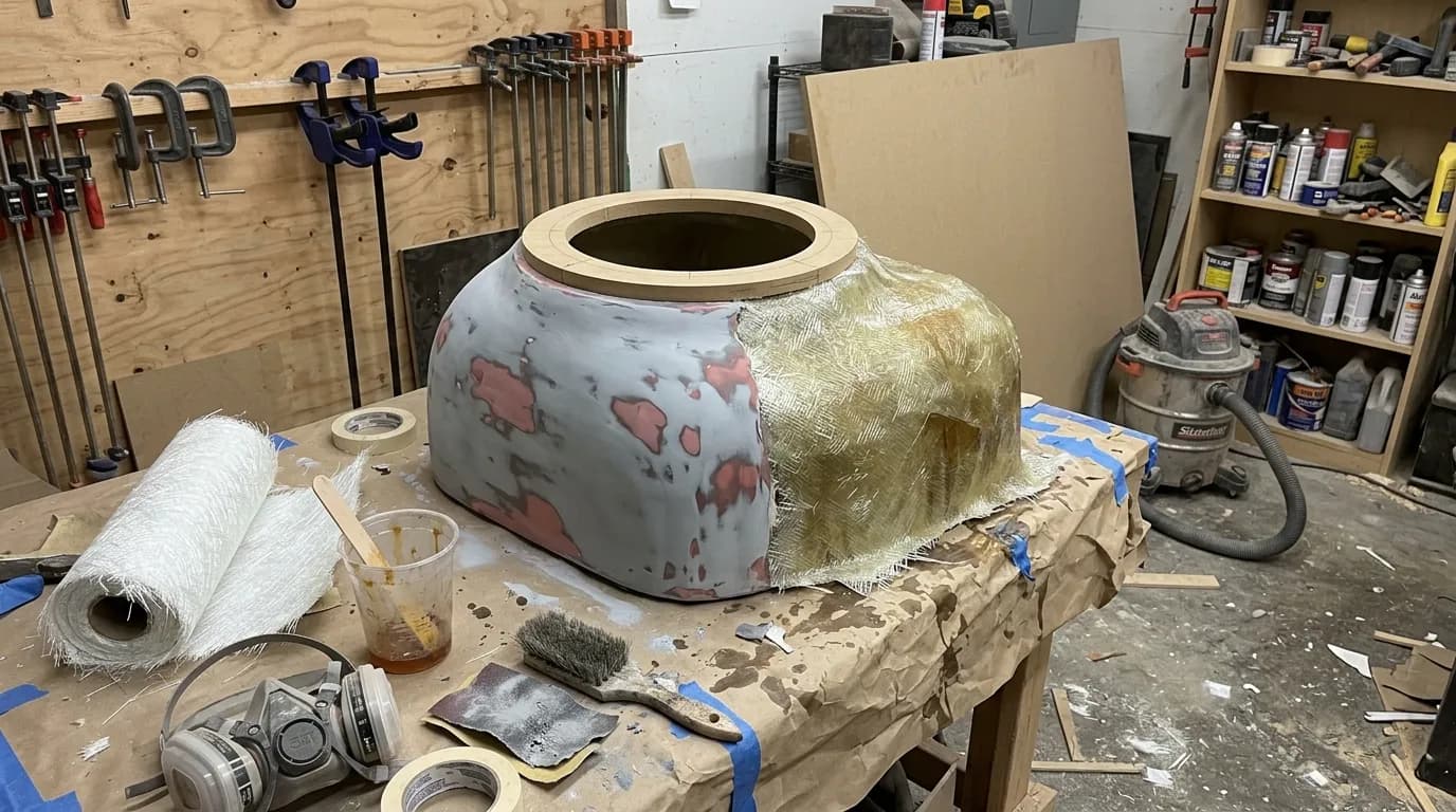 Custom molded fiberglass subwoofer enclosure for a Volkswagen Jetta, mid build