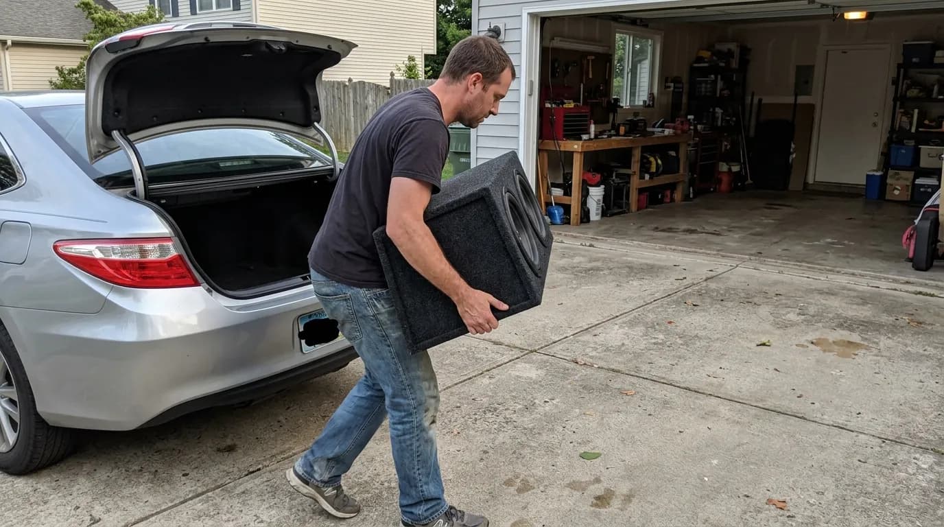 Bass Labz customer carrying a finished subwoofer box to their car