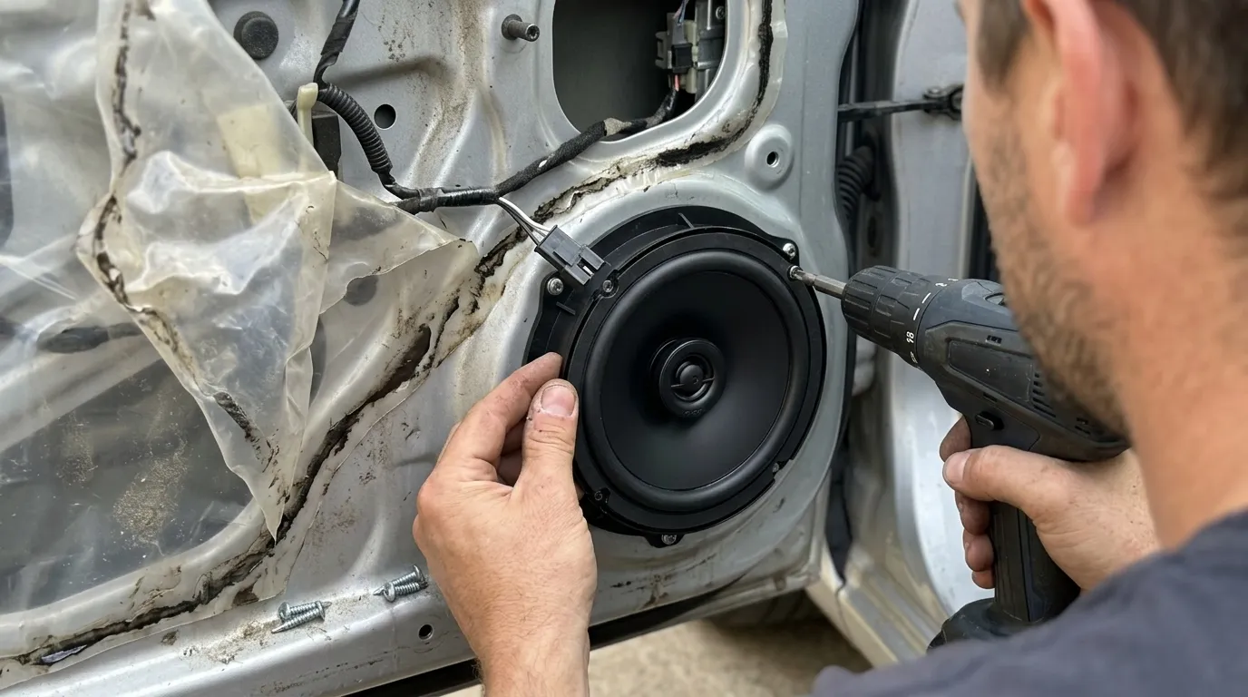 New coaxial speaker being mounted in a car door
