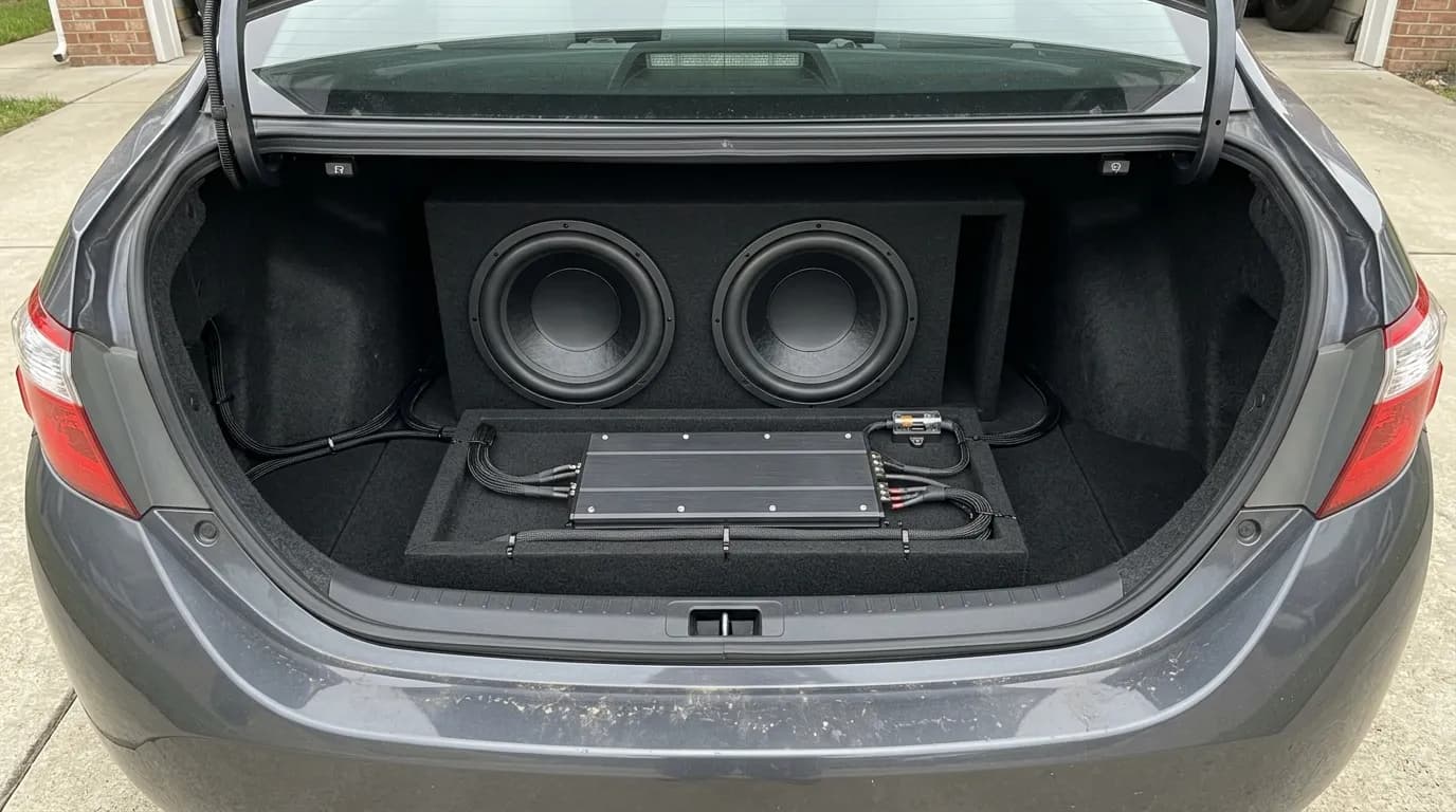 Dual subwoofer box and amplifier rack installed in a sedan trunk in Tampa